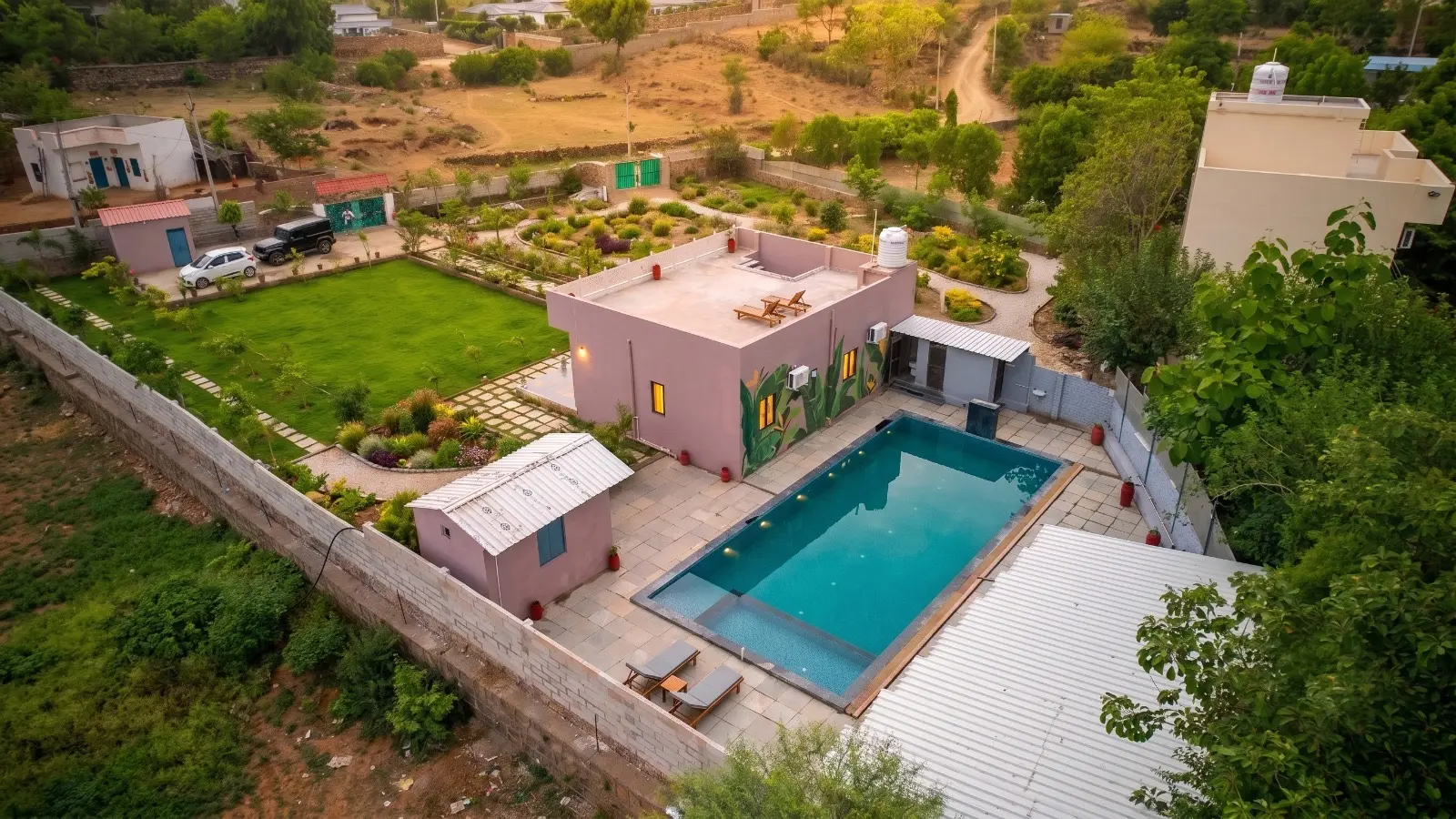 Aerial view of Good Vibes Villa with private pool and garden